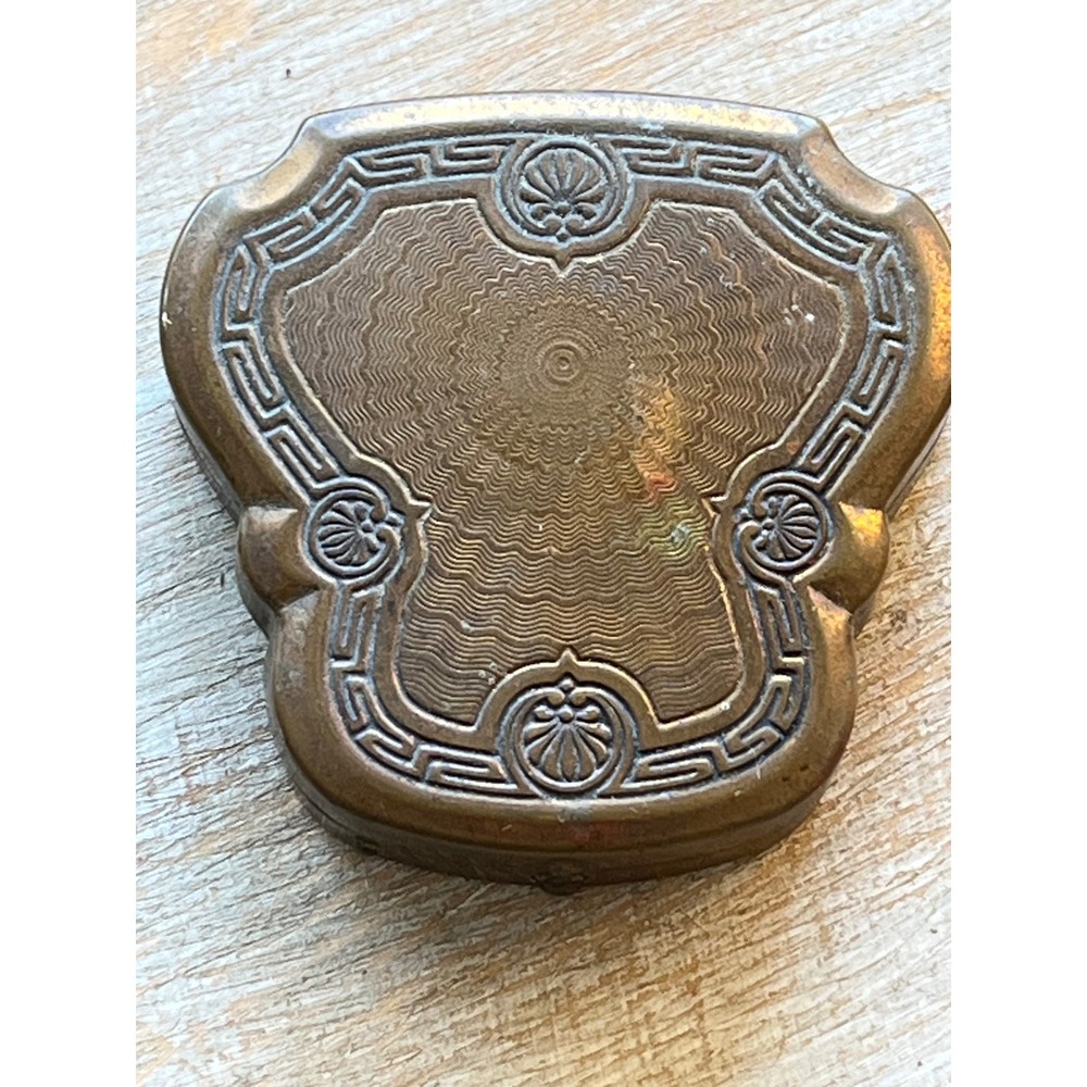 Karess Woodworth Art Deco Brass Powder Compact Greek Key Shell Design Vintage